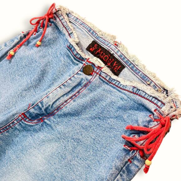 VTG Y2K Mudd Yo! Crop Flare Jeans Low Rise Raw Frayed Waist Red Lace Up Denim 9 - Picture 3 of 11